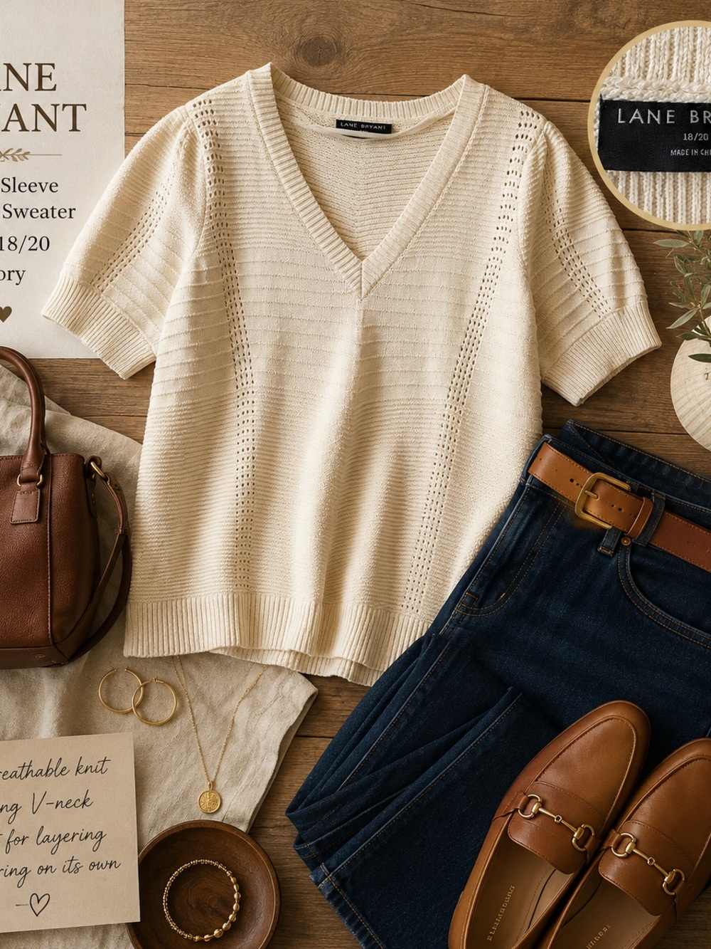 Lane Bryant Cream Short-Sleeve V-Neck Knit Sweater